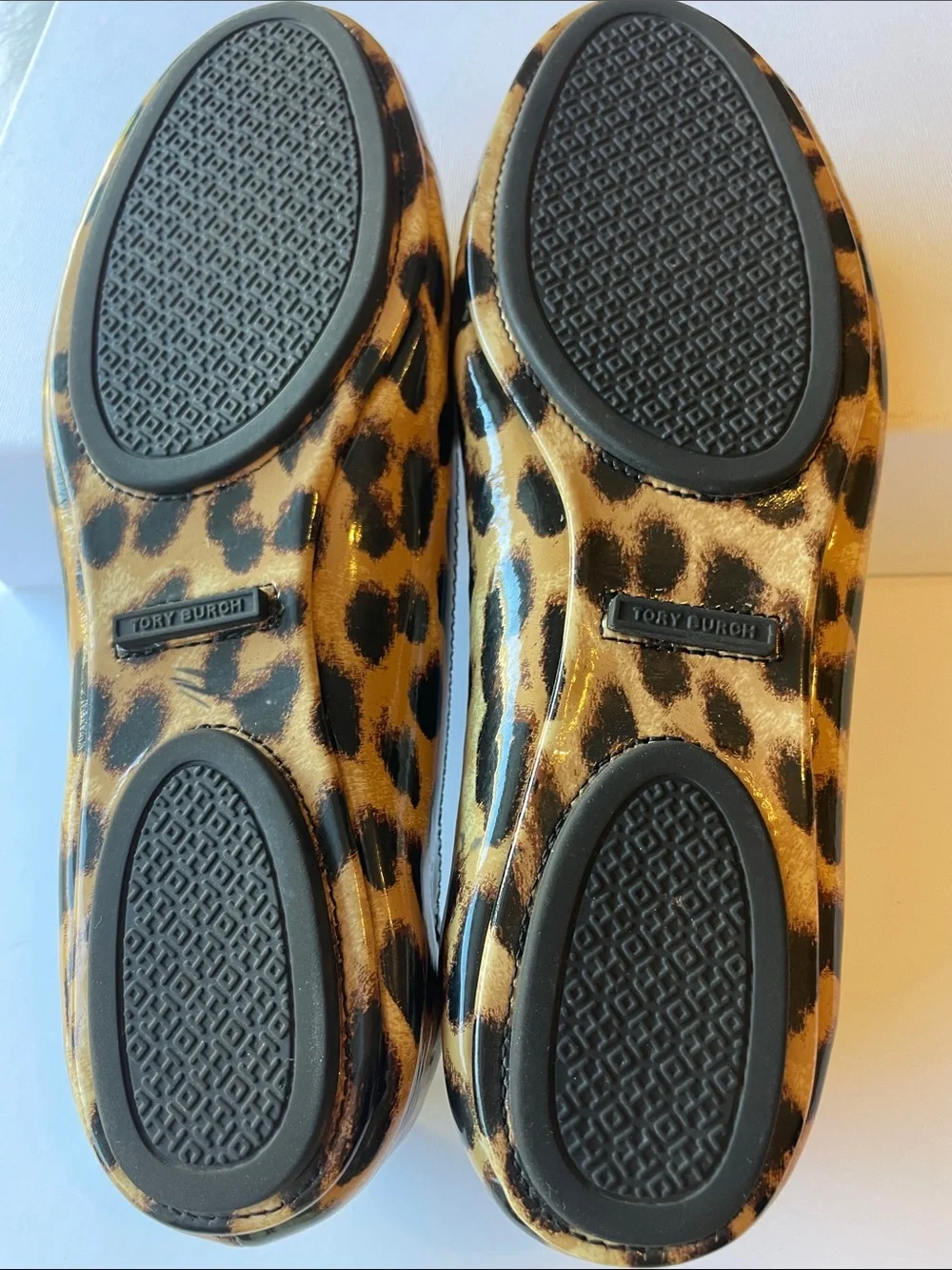 Tory Burch Leopard-Print Reva Ballet Flats - Black & Brown Patent Leather Sz 8